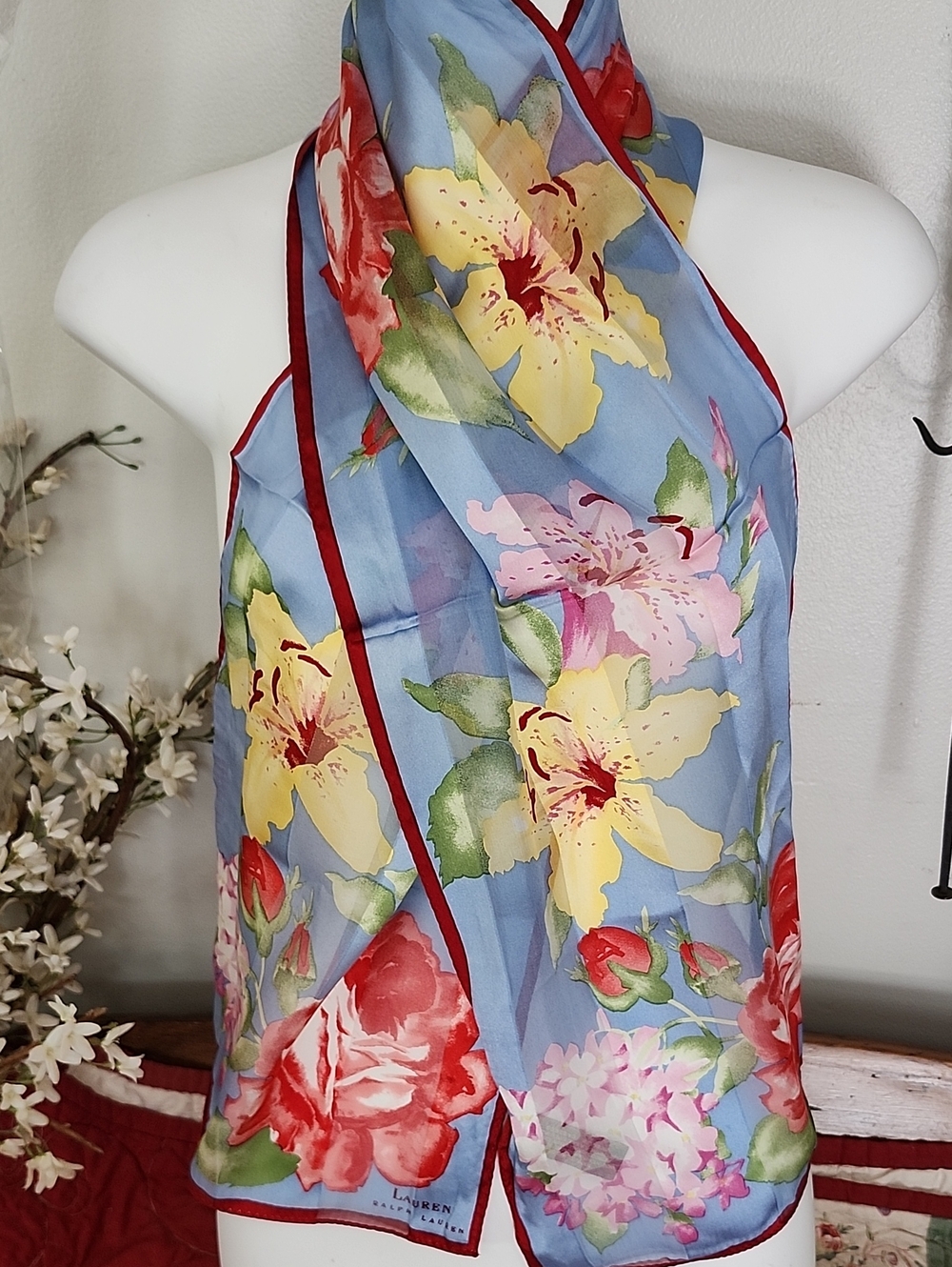 Lauren Ralph Lauren Floral Blue Silk Scarf with Red Trim Oblong Straight